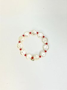 Pulseira 1v. de pérola achatada e cristal pequeno coral