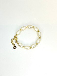 Pulseira 1v. de perolas abs barroca e cristal pequeno dourado