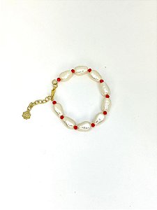Pulseira 1v. de perolas abs barroca e cristal pequeno coral