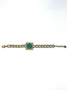 Pulseira 1v. de corrente o. velho com peça quadrada e chaton verde