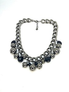Colar 1v. curto, corrente grafite com bolas abs e cristal grande preto