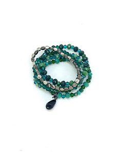 Pulseira 5v. de cristais verdes, abs grafite e niquel com gota de cristal preto