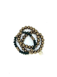 Pulseira 3v. de pérolas de vidro ouro velho com cristal verde