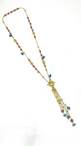 Colar 1v. corr. dourada com bolinha, cristais laranja, olho grego turquesa e vermelho