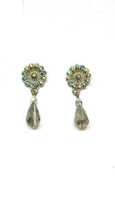 Brinco niquel com strass ametist e gota de cristal cinza