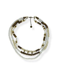 Colar 3v. de cristal branco e bege com abs ouro velho