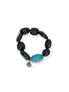 Pulseira 1v. de sementes pretas e resina turquesa