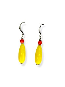 Brinco anzol niquel com bola coral de resina e gota amarela