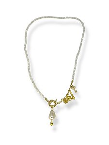 Colar 1v. de cristais off white, ping. dourado e pérola barroca abs