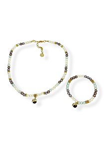 Kit colar e pulseira de pérolas coloridas e abs dourado