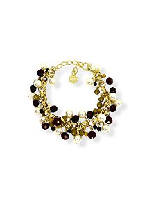 Pulseira 1v. de corr. dourada com cristais coloridos e pérolas