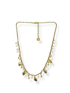 Colar 1v. corr. dourada com perolinhas e ping. folha