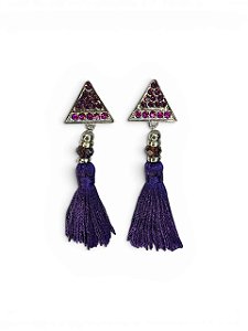 Brinco triangulo níquel com strass ametist, fucsia e tessel roxo