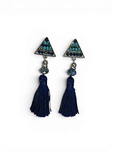 Brinco triangulo níquel com strass cristal e tessel azul