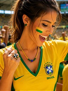Anel de bolinha dourada com cristais verde, amarelo, azul e branco