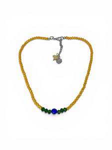 Colar 1v. de cristais amarelos, verde e azul