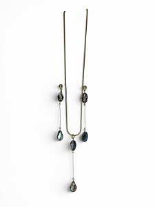 Kit de colar e brinco corr. dourada com cristal irregular azul furtacor