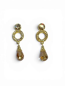 Brinco dourado com strass e gota de cristal gohon