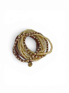 Pulseira 9v. de missangas bege e canutilhos bronze