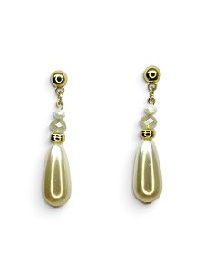 Brinco dourado com cristal off e perola de gota grande