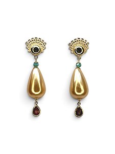 Brinco dourado com cristal turquesa e gota de pérola champanhe