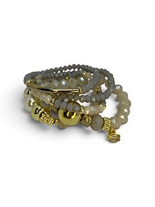Pulseira 5v. de cristais bege, cinza e entremeios dourados