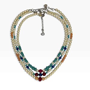 Kit três colares de pérola, pedras turquesa e cherry com cristais coloridos