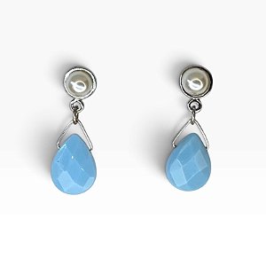Brinco níquel com chaton de pérola e gota de pedra turquesa