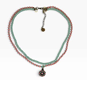 Colar 2v. curto de cristais verde agua e bolinhas rosa com pingente