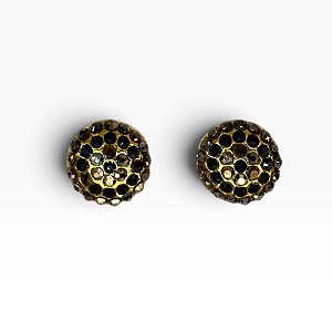 Brinco dourado redondo com strass jet hematite e jet