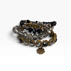 Pulseira 3v.de strass e cristais jet hematite e preto