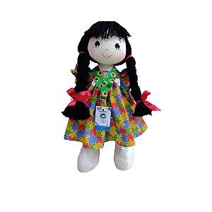 Boneca de Pano Representativa do Autismo – Vestido Colorido com Estampa Quebra-Cabeça