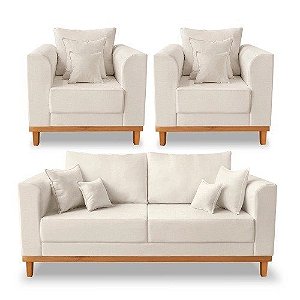 Kit Sofá 3 Lugares e 2 Poltronas Beny Viena Com Almofadas Decorativa Linho