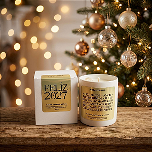 Vela Feliz 2027 | Alecrim, Lavanda, Sálvia com Cristal de Quartzo - Coleção de Natal
