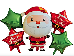 KIT BALÃO METALIZADO ESTRELAS PAPAI NOEL 18POL. - 5UN.