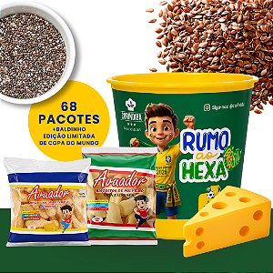 Combo Intenso: Biscoito de Polvilho Avuador Sabor Chia e Linhaça + Sabor Parmesão + Baldinho - Caixa com 68 pacotes de 30g