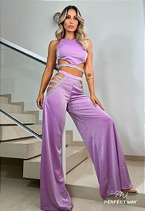 Conjunto De Cropped + Calça Pantalona Lilas