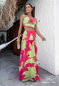 Conjunto Cropped+ Saia Longa Estamp. Perfect Way