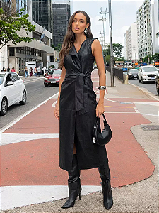 Flor Linda - Vestido Midi Couro Preto