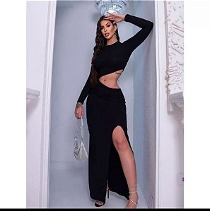 Roma - Vestido Canelado Longo Preto