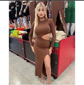 Roma - Vestido Longo Canelado Marrom