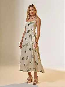 Flor Linda - Vestido Midi Linho Bordado