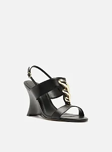 Arezzo - Sandália Preta Couro Anabela Corrente Dourada