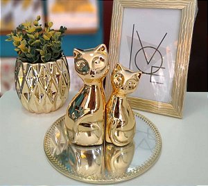 Conjunto Gatos Porcelana 2Pcs Dourado