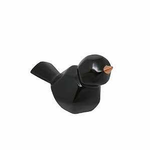 Enfeite de Cerâmica Passarinho Preto 8cm Bico Rose