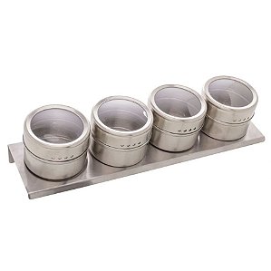 Conjunto 4 Porta Temperos Aço Inox C/Tampa Acrílico e Suporte Imantado