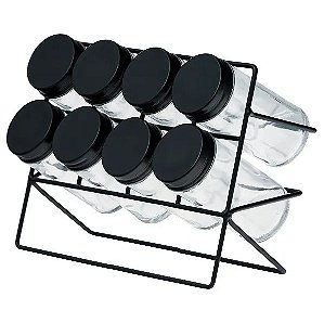 Porta Tempero 8Pcs Vidro e Metal Preto