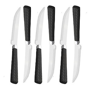 Conjunto 6 Facas de Churrasco de Aço Inox com Cabo de Plástico Rattan Preto 22cm