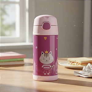 Garrafa Térmica Infantil Inox Com Canudo Antivazamento Rosa Milky