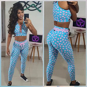 Conjunto Legging e Top Azul Coração Rosa
